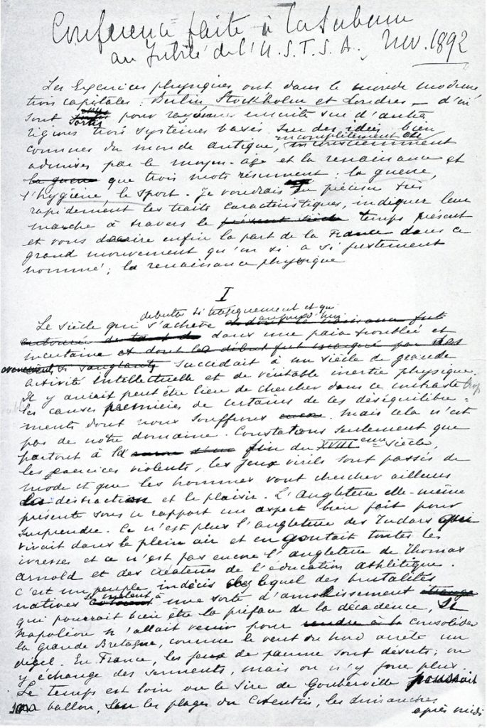 02-Pierre-de-Coubertin-Facsimile-of-Coubertin`s-speech-page-1-25th-November-1892-IOC-Archives-800x1196px